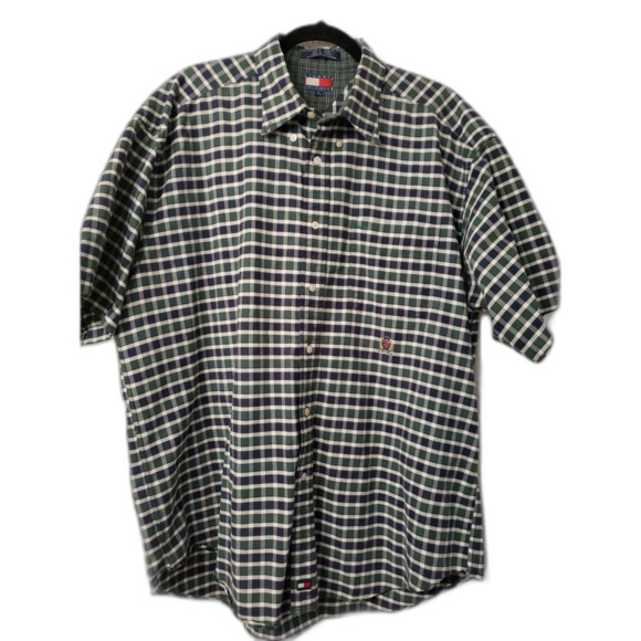 Tommy Hilfiger Men's Button Down Shirt Size XL Blue & Green Plaid Short Sleeve - Picture 1 of 7